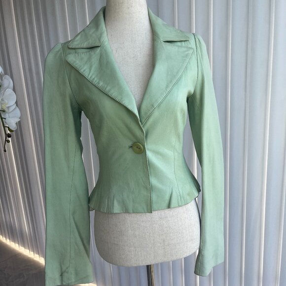 Resurrected Light Green Leather Jacket - Size XS! Fitted - Picture 2 of 11